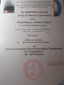 2023-07-09 - Niepokalanów, Templariusze otrzymali od Franciszkanów Relikwie św Maksymiliana Kolbe